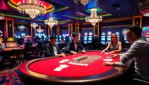 Players enjoying thrilling games at SODO CASINO with vibrant lights and tables.