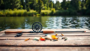 Showcase a well-prepared Fly fishing kit on a dock, emphasizing quality and outdoor leisure.