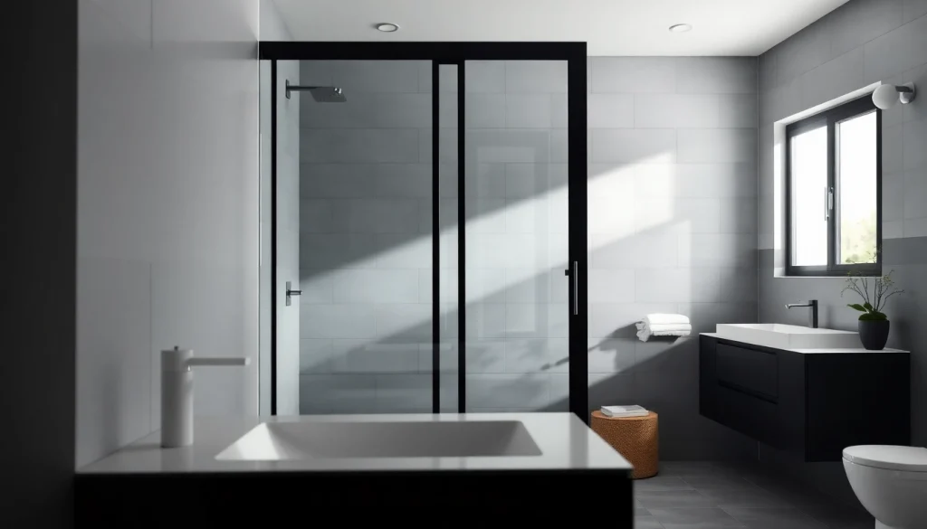 Open black shower sliding door showcasing elegance and modern design in a stylish bathroom.