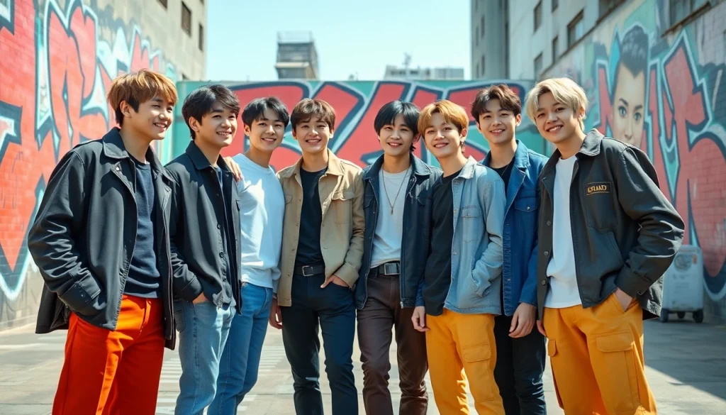BTS members joyfully interacting in an urban setting, showcasing individuality and K-Pop style.