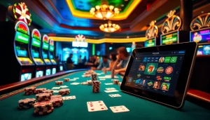 Experience BK8 เว็บตรง with vibrant casino action featuring poker chips and slot machines.