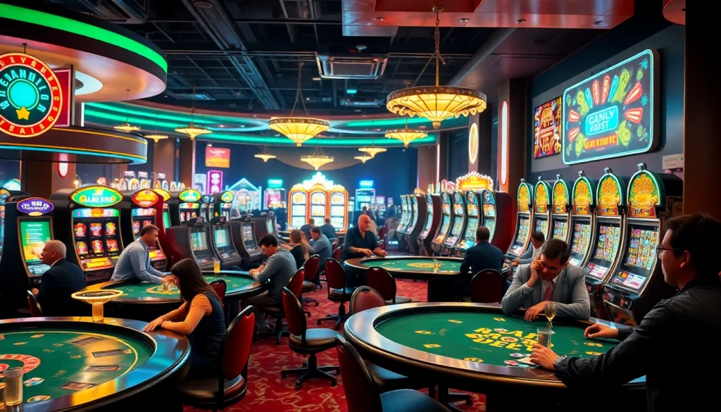 ยูฟ่า169 casino atmosphere with vibrant lights and lively players enjoying gaming experiences