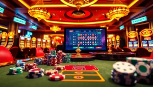 SBOBET online betting interface surrounded by poker chips and dice at a lively casino table.