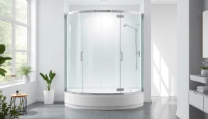 Duschkabine 90x90 in einem modernen Badezimmer mit Glaswänden und eleganten Armaturen.