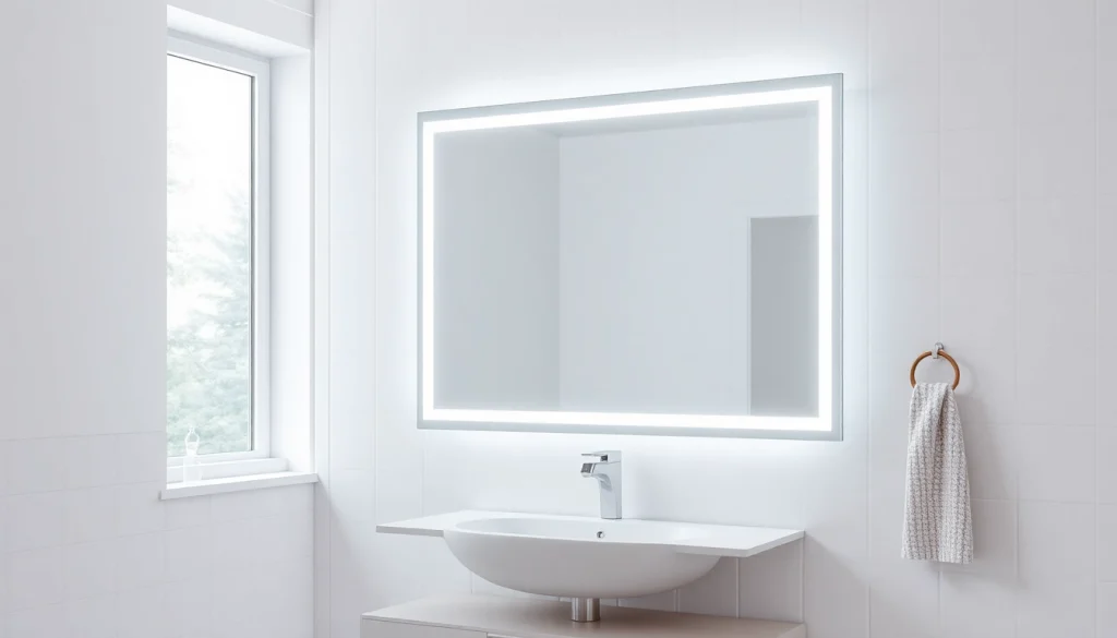 Install an elegant bathroom mirror with LED lighting in a stylish bathroom design.