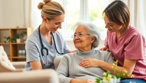 Professional caregiver providing in home care austin tx to a senior in a warm home environment.