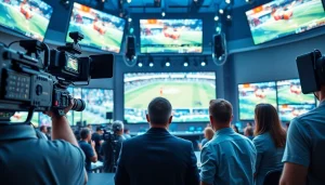 Engaging hosts in sports broadcasting studio amidst advanced equipment.