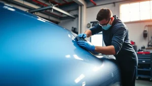 Applying PPF Chattanooga on a sleek car by a technician in a bright garage.