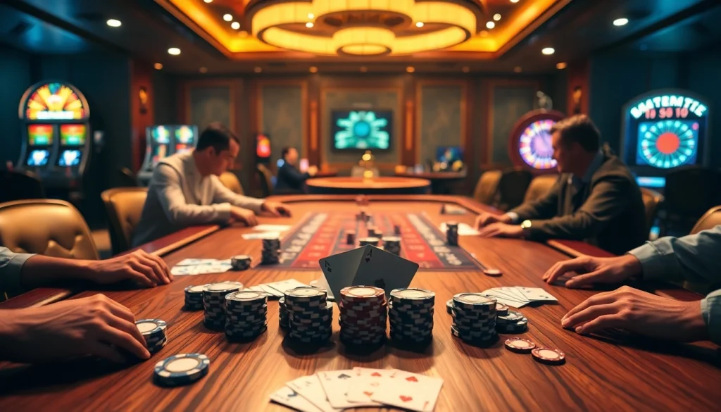 Exciting poker game at SHBET casino, showcasing high-stakes action and vibrant atmosphere.