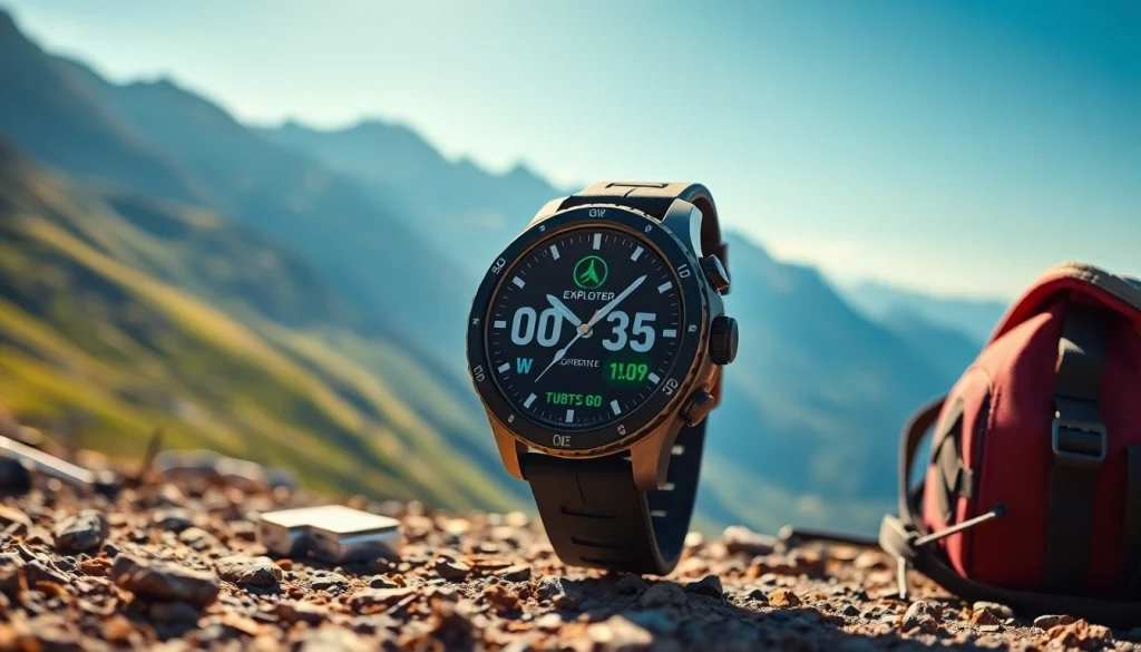 Adventure-seeker using the Explorer Plus GPS Smart Watch to navigate through stunning landscapes.
