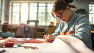 Werken met dunne katoen stof op een professioneel naaiatelier, kleurige patronen.