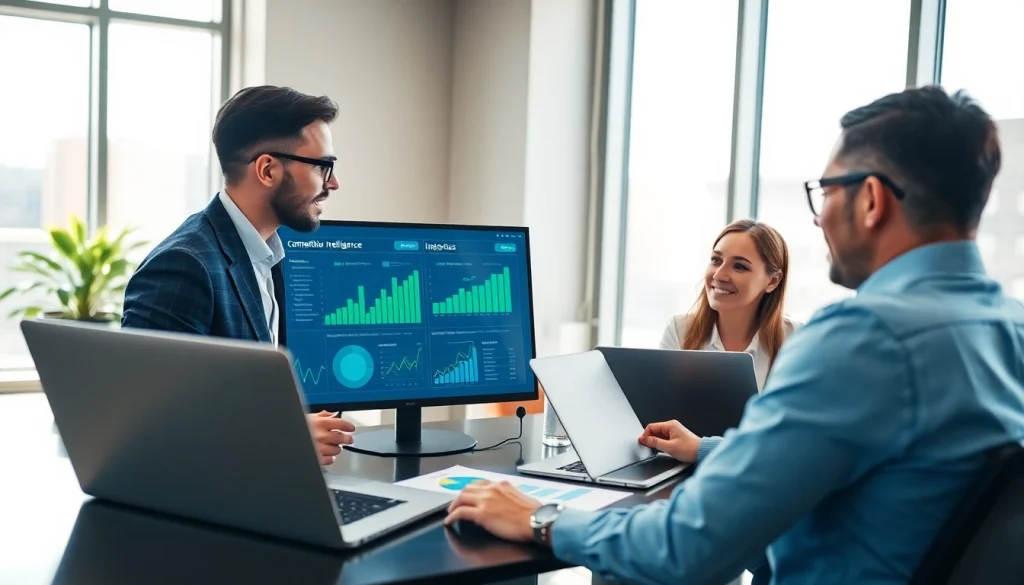 Analyze b2b competitive intelligence data in a modern office setting with professionals collaborating.