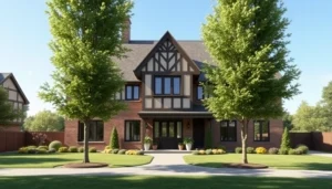 Showcasing Wellesley Tudor Expansion featuring intricate gable details and landscaped grounds.