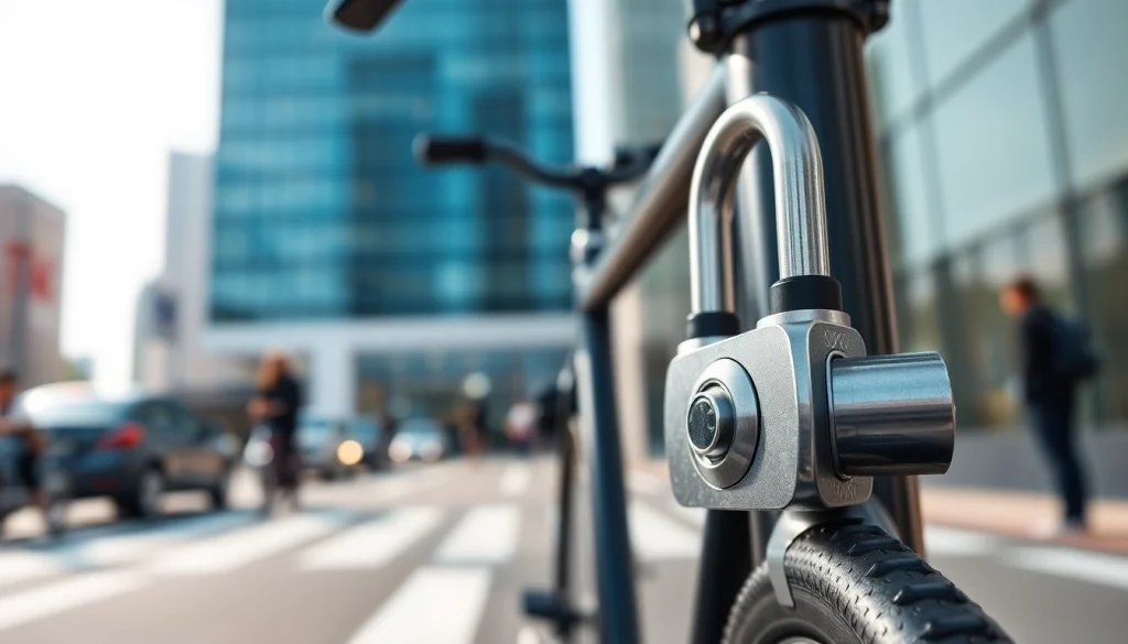 Freelock: Innovativer Fahrradschloss-Design mit detaillierter Mechanik und modernem urbanen Hintergrund.