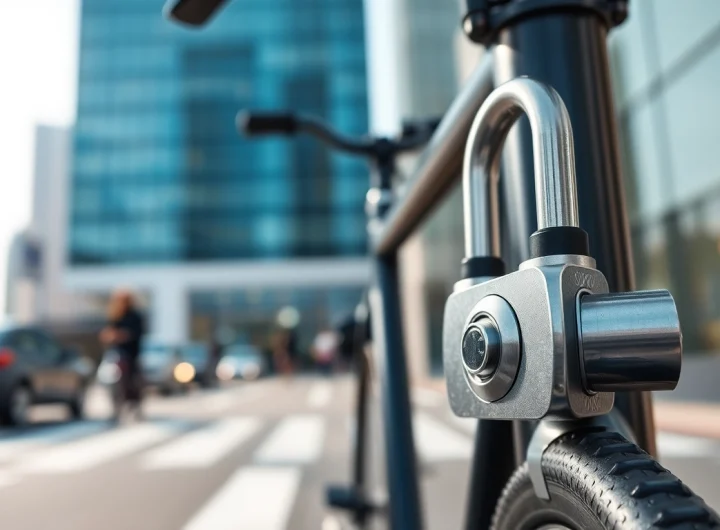 Freelock: Innovativer Fahrradschloss-Design mit detaillierter Mechanik und modernem urbanen Hintergrund.