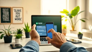 Aktualizacja Android na ekranie smartfona w nowoczesnym biurze.