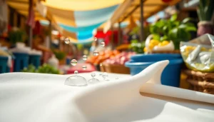 Absorberende katoenen stof die schittert met waterdruppels in een levendige marktsetting.