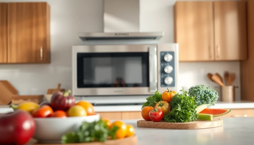 Showcase appealing microwave oven sales in a modern kitchen with fresh ingredients.