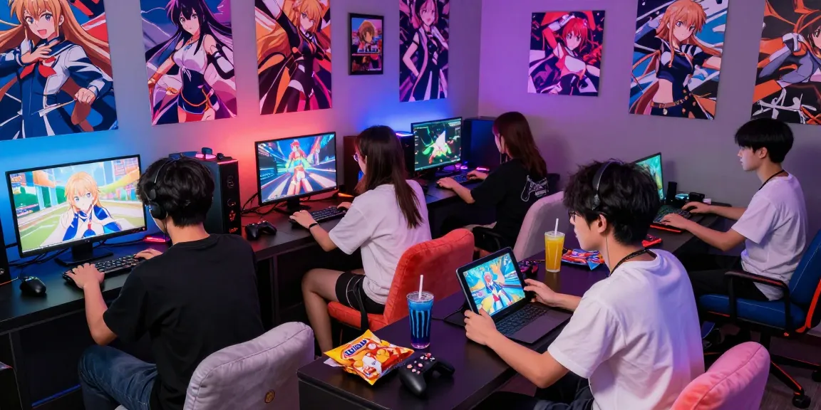Friends enjoying ecchi games in a vibrant gaming lounge atmosphere