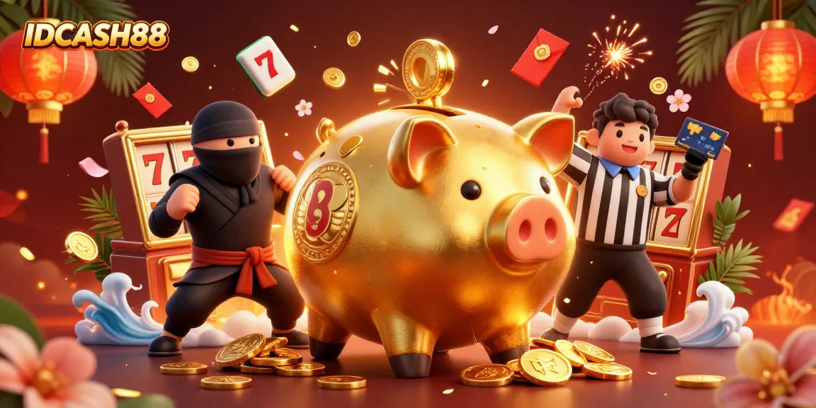 Engage with IDCASH88's dynamic gaming scene featuring vibrant characters and glowing elements around a golden piggy bank.