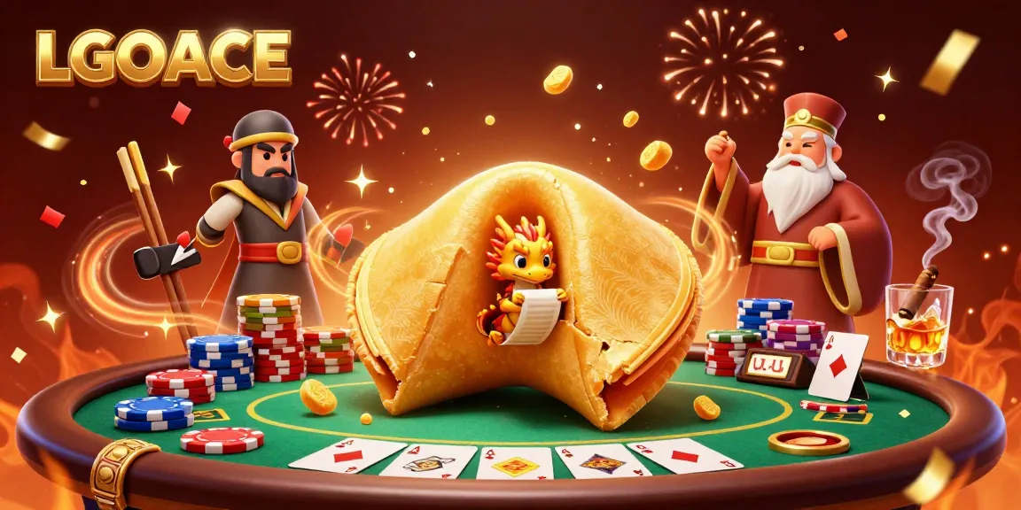 LGOACE players engage with a dynamic casino scene highlighted by a victorious golden fortune cookie and vibrant poker elements.