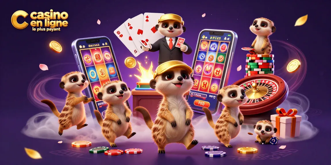 Illustration dynamique montrant le casino en ligne le plus payant avec dessuricates animant des jeux et des jetons