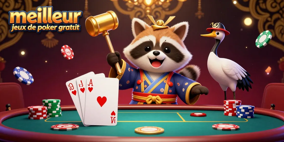 Découvrez les meilleurs jeux de poker gratuit avec une illustration dynamique de poker, des personnages captivants et des éléments festifs.