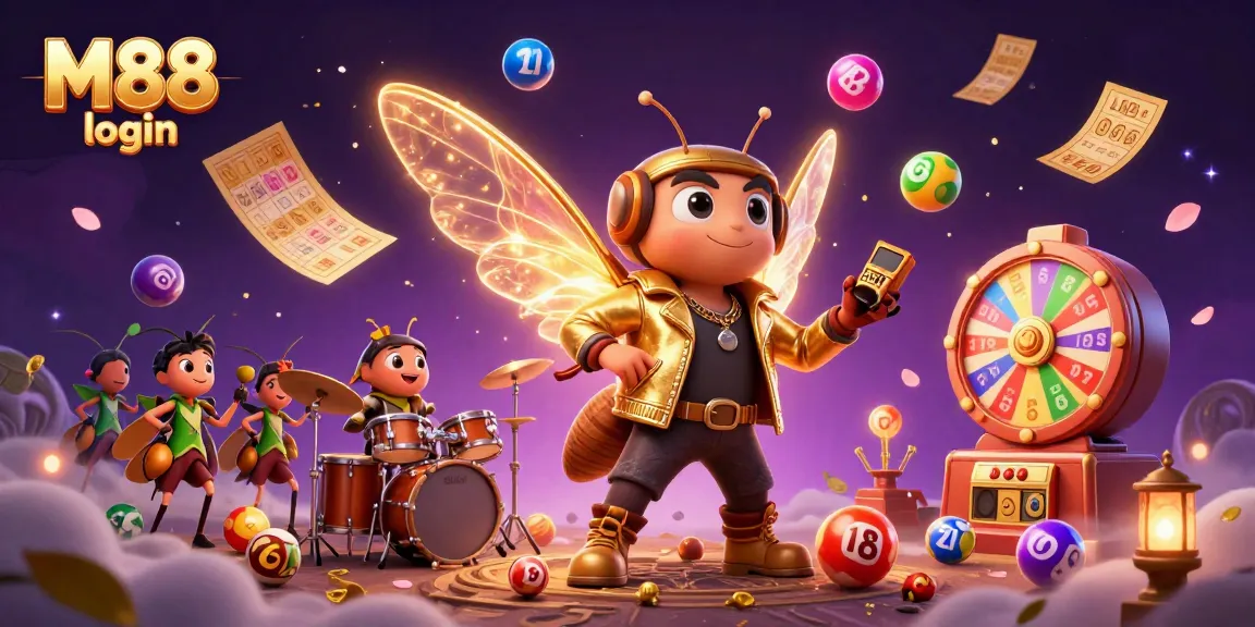Experience M88 login with vibrant lottery elements and engaging 3D casino characters in action.