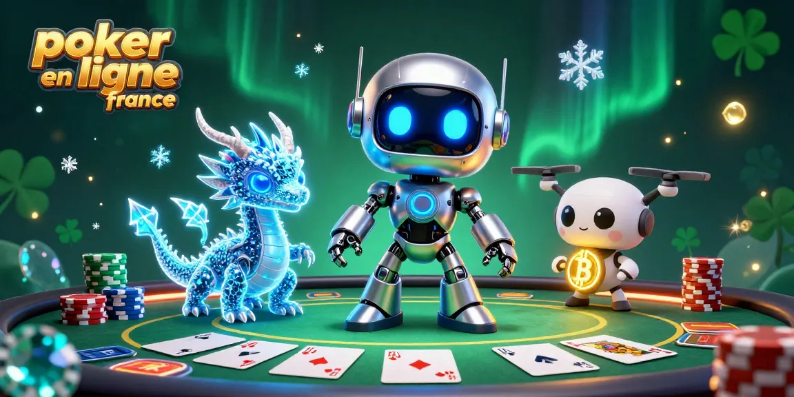 Illustration dynamique de poker en ligne France avec robot cyberpunk et dragon holographique