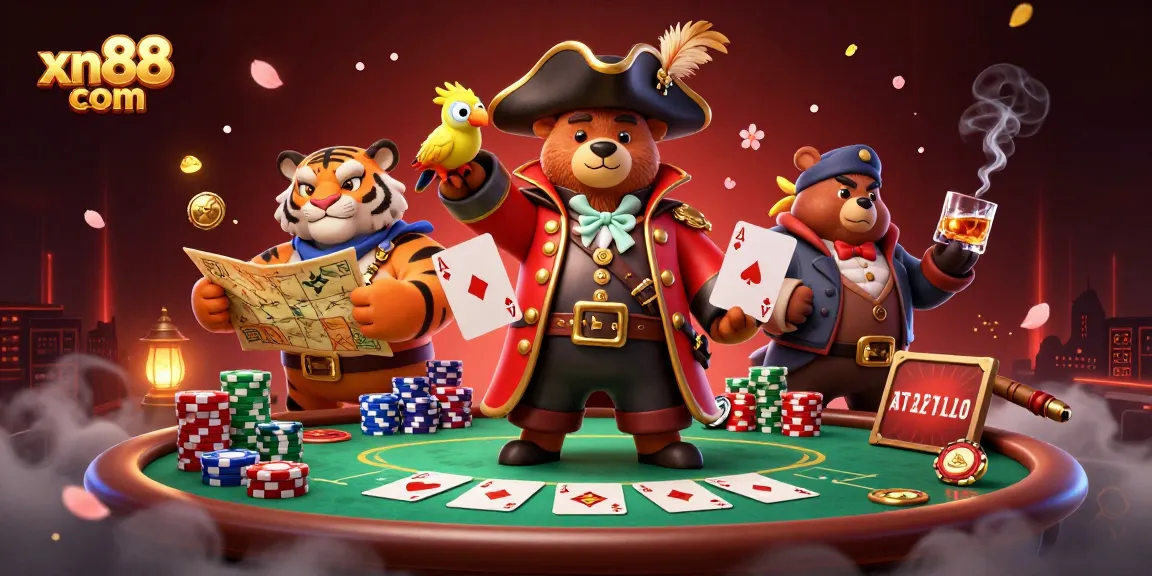 Engage with xn88 com's vibrant gaming scene featuring a cartoon pirate bear and tiger at a poker table.
